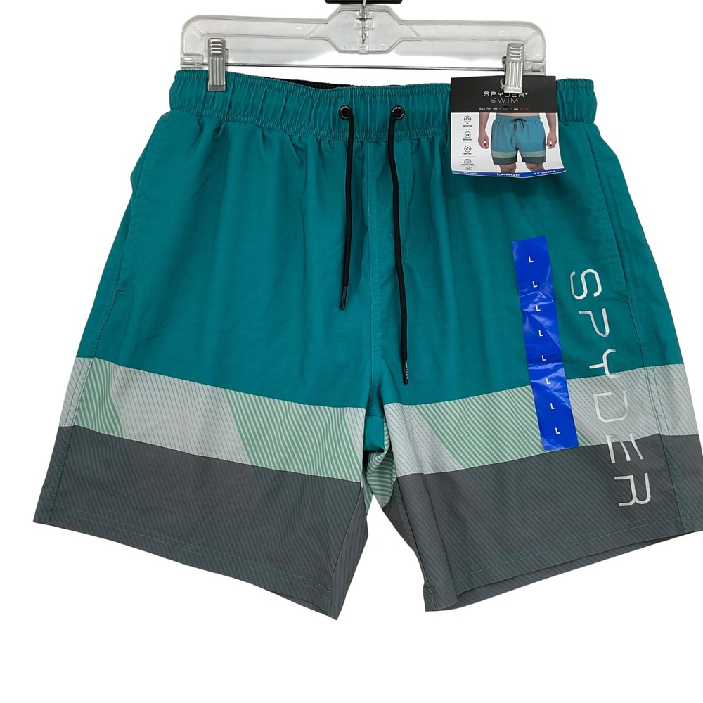 Spyder Swim Mens Board Shorts Teal Colorblock Large NWT 7.5 inseam